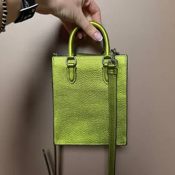 Coach North South Mini Tote Bag in a metallic neon green pebbled leather NWOT - Picture 6 of 8